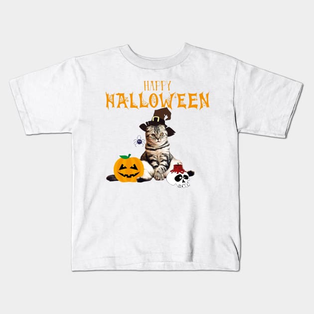 Halloween Cat Witch Costum Pumpkin Spider Skull Gift Kids T-Shirt by ro83land
